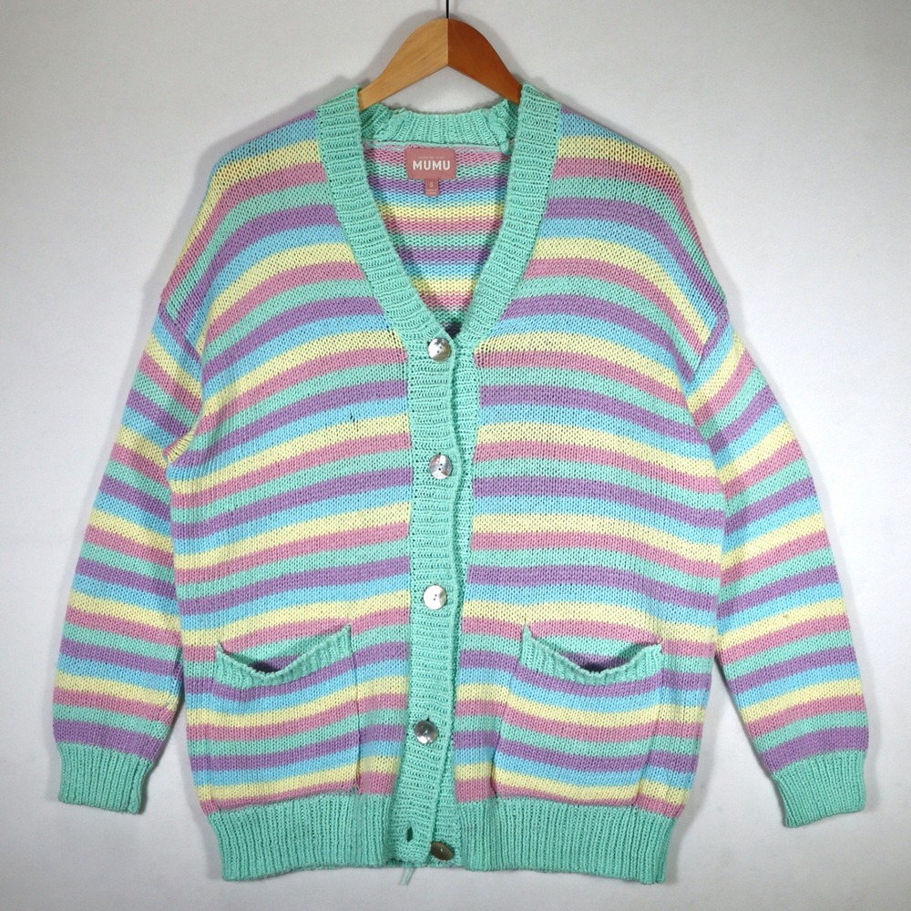 Show Me Your Mumu Cardigan Womens Small Pastel Rainbow Stripe Oversized Casual